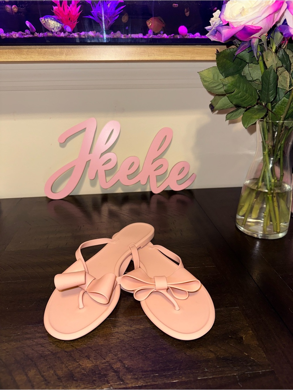 Women's Peach Bow Detail Thong Frosted Jelly Sandals - Peach size 8, 9, 10
